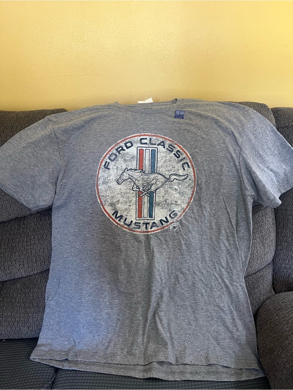 Ford Gray Short Sleeve Mustang Graphic Tee with Red & Blue Accent